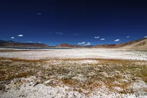 Himalaya high mountain landscape panorama with salt lake Tso Kar under blue sky