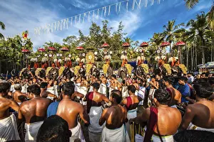 Hindu temple festival with many elephants