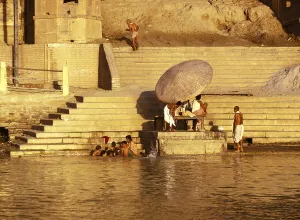 Hindus bathing in the holy river Ganges in Varanasi, India, 1974, Asia