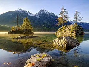 Hintersee with morning fog at sunrise