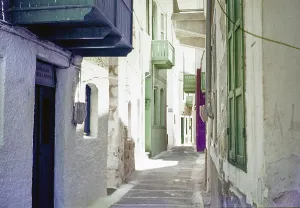 Historic back alleys in the village street of Kos, Greece 1970s