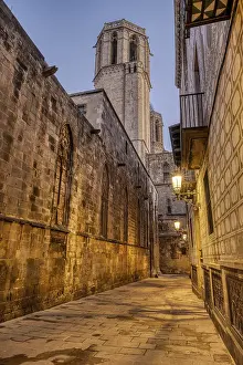 The historic Barrio Gotico in Barcelona at dusk with the cathedral