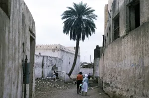 Historic buildings in the ancient city of Zebid, Zabid, Yemen 1998 UNESCO World Heritage Site Tourists explore streets