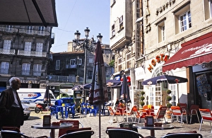 Historic buildings and cafes in the old part of the city centre, Vigo, Spain, Europe