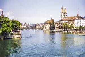 Historic buildings and cathedral bridge on the Limmat in the city centre, Zurich, Switzerland, Europe 1950s, Europe