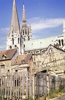 Historic buildings and cathedral church in Chartres, France 1964