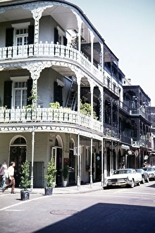 Historic buildings, decorative metalwork on balconies, French Quarter, New Orleans, Louisiana, USA 1976