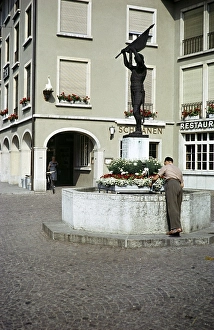 Historic buildings and Dornach fountain with statue, Dornach fountain, Rossmarktplatz, Solothurn, Switzerland, July 1959, Europe