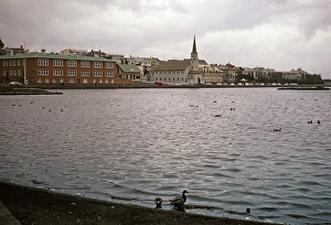 Historic buildings around Frikirkja Church, Lake Tjornin, Reykjavik, Iceland 1972