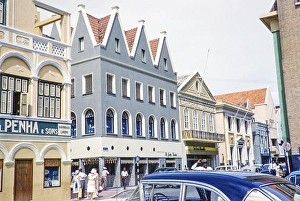 Historic buildings in the main shopping street, Willemstad, Curacao, Dutch Caribbean, early 1960s, South America