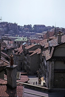 Historic buildings in the old town centre of Lausanne, Switzerland, 1974 covered staircase on the street, Europe