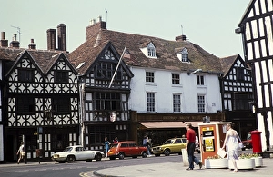 Historic buildings Tudor facades, High Street, Stratford on Avon, Warwickshire, England, UK 1982 including Freeman Hardy Willis shop