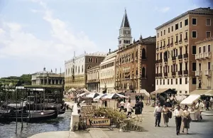Historic buildings view to Doge's palace, Riva degli Schiavoni, Venice, Italy, Europe 1956 colourised image from Ektachrome slide, Europe
