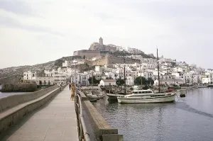 Historic citadel of Dalt Vila from the harbour pier, Ibiza Town, Ibiza, Balearic Islands, Spain 1967