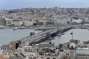 Historic city with a bridge over the river and surrounding buildings