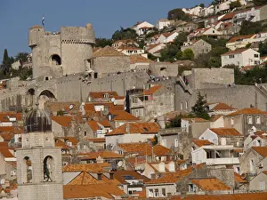 Historic city wall and fortress with orange-coloured roofs in a sunny