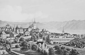 Historic cityscape, lithograph