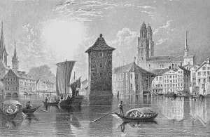 Historic cityscape, steel engraving