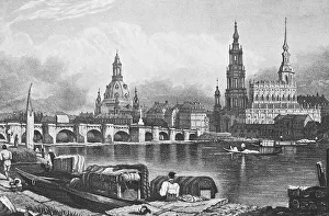 Historic cityscape, steel engraving Church of Our Lady