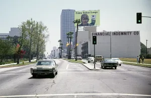 Historic classic cars on a city street, probably in San Francisco, California, USA 1976 Salem cigarette advert