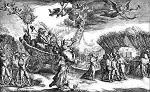 Historic drawing, allegorical image of the Belgian campaigns of Maurice of Nassau