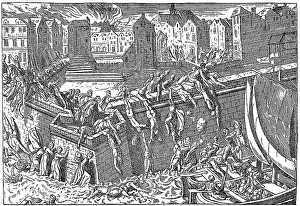 Historic drawing, Antwerp citizens fleeing from the Spaniards