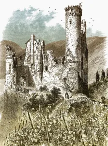 Historic drawing, Burg Ehrenfels castle ruins