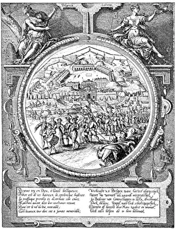 Historic drawing, citizens of Antwerp demolishing the citadel