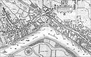 Historic drawing, city map of Westminster with the River Thames