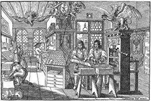 Historic drawing, a Dutch book printing office in the 17th century
