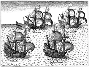 Historic drawing, the Dutch merchant fleet on its way to the East Indies