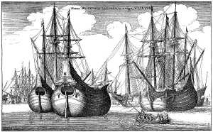 Historic drawing, Dutch merchant ships in the harbor
