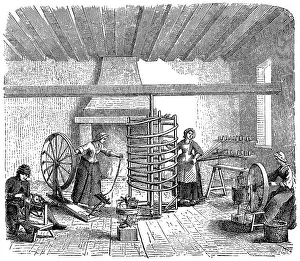 Historic drawing, an English family spinning and reeling