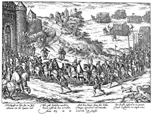 Historic drawing, facsimile, the arrival of the Spaniards under the Duke of Alba