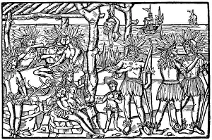 Historic drawing, facsimile of a contemporary image showing Native Americans as cannibals