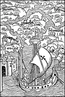 Historic drawing, facsimile of the topographic image of the islands discovered by Columbus