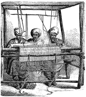 Historic drawing, Indian weavers working on a mechanical weaving loom