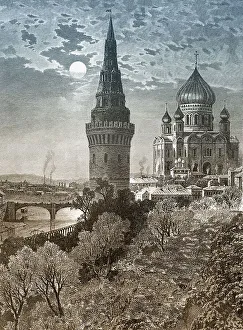 Historic drawing, Kremlin tower and the Cathedral of Christ the Saviour