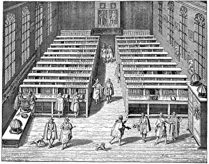 Historic drawing, the library of the University of Leiden or Leyden