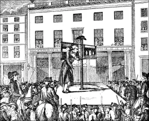 Historic drawing, man standing in the pillory