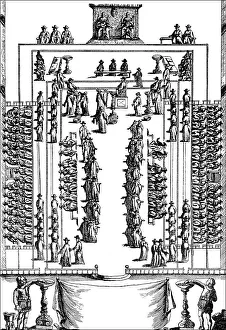 Historic drawing, model of the vote in the British Parliament after the book The Commonwealth of Oceana