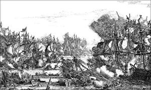 Historic drawing, naval battle between the Netherlands and Spain during the Eighty Years War