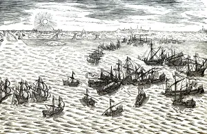 Historic drawing, naval battle between the Netherlands and Spain during the Eighty Years War