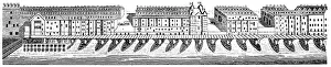 Historic drawing, the old London Bridge across the River Thames in the 17th century