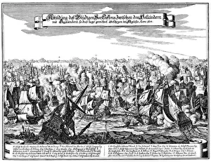 Historic drawing, sea battle in the First Anglo-Dutch naval war