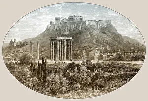 Historic drawing, Temple of Jupiter at the foot of the Acropolis