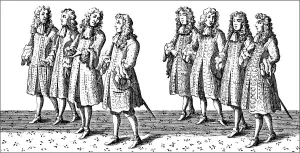Historic drawing, traditional costumes of the members of the House of Commons in England in the 17th century