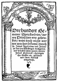 Historic engraving, 1528, front page of the book of proverbs by Johannes Agricola