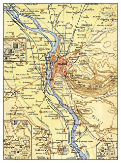 Historic illustration, map of Cairo and surroundings