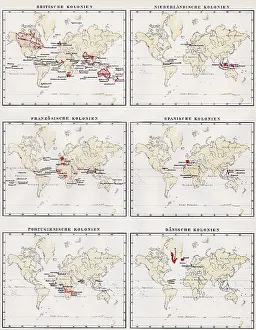 Historic illustration, world maps showing the colonies of Great Britain